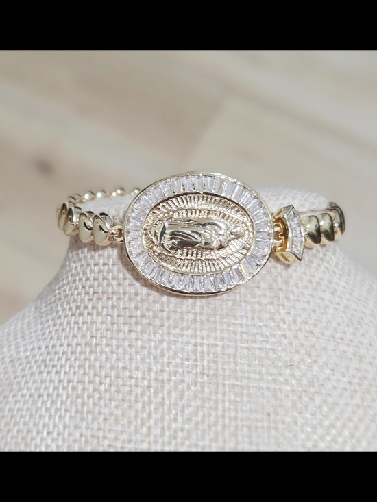 Jewelry - Gold Miraculous Medal Bracelet with Clear Stones -